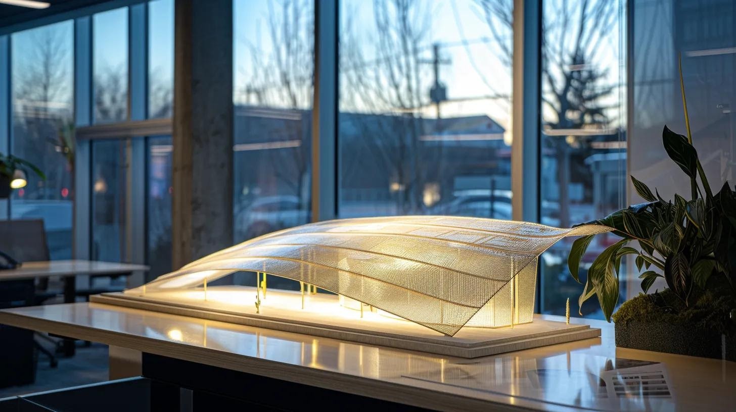 a modern office space showcases a scale model of a hurricane-resistant roof design, featuring bold architectural lines and innovative materials under focused artificial lighting, emphasizing the crucial elements for storm protection.
