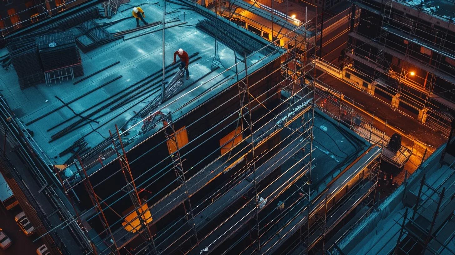 a dynamic urban construction site showcases a team of professionals meticulously installing advanced hurricane-resistant roofing materials on a modern building, under the sharp glow of industrial lights, emphasizing the importance of durability and innovation in storm protection.