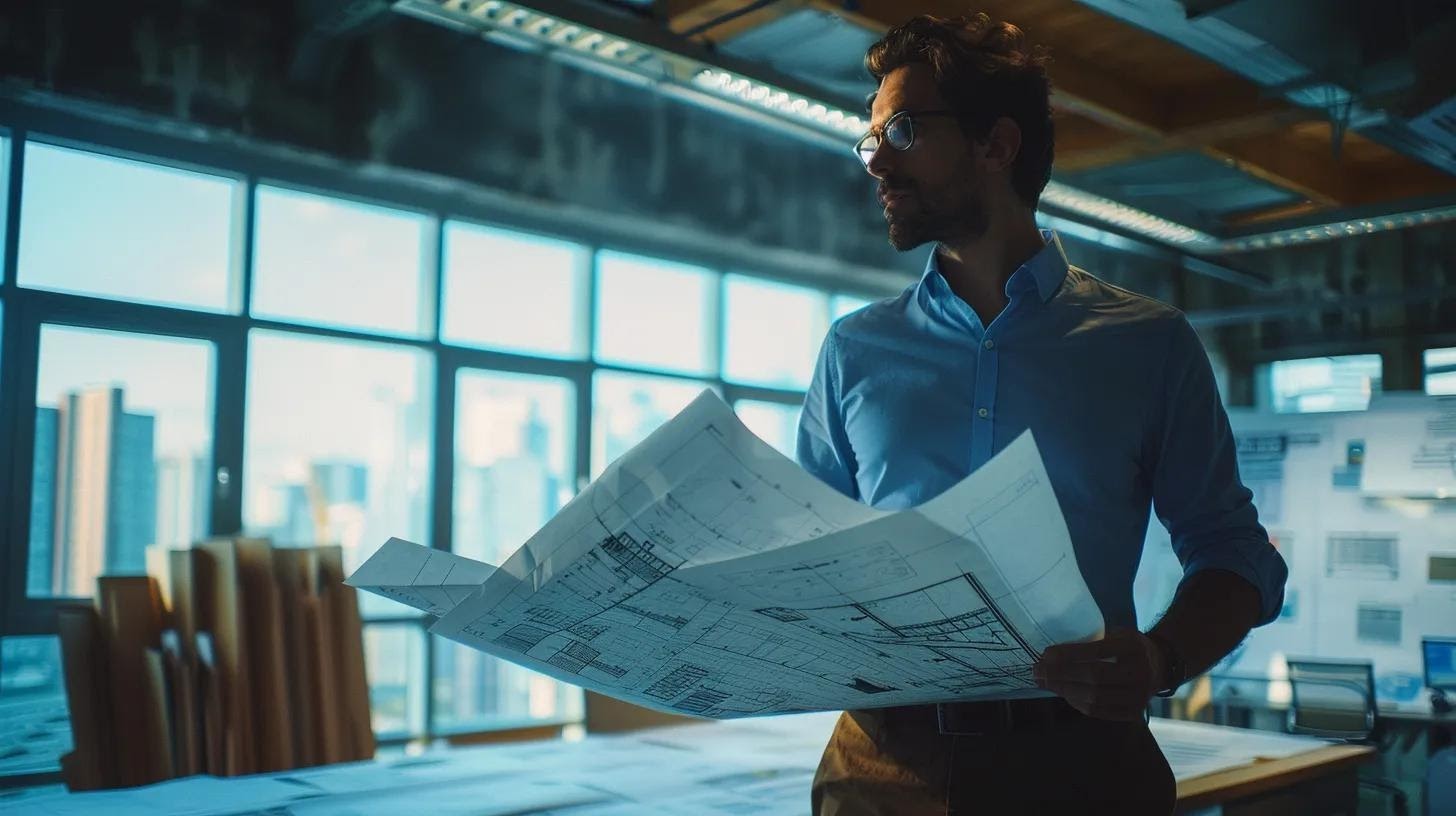 a professional architect examines detailed blueprints of hurricane-resistant roofing in a modern office filled with construction materials, showcasing a commitment to safety and innovation in urban architecture.