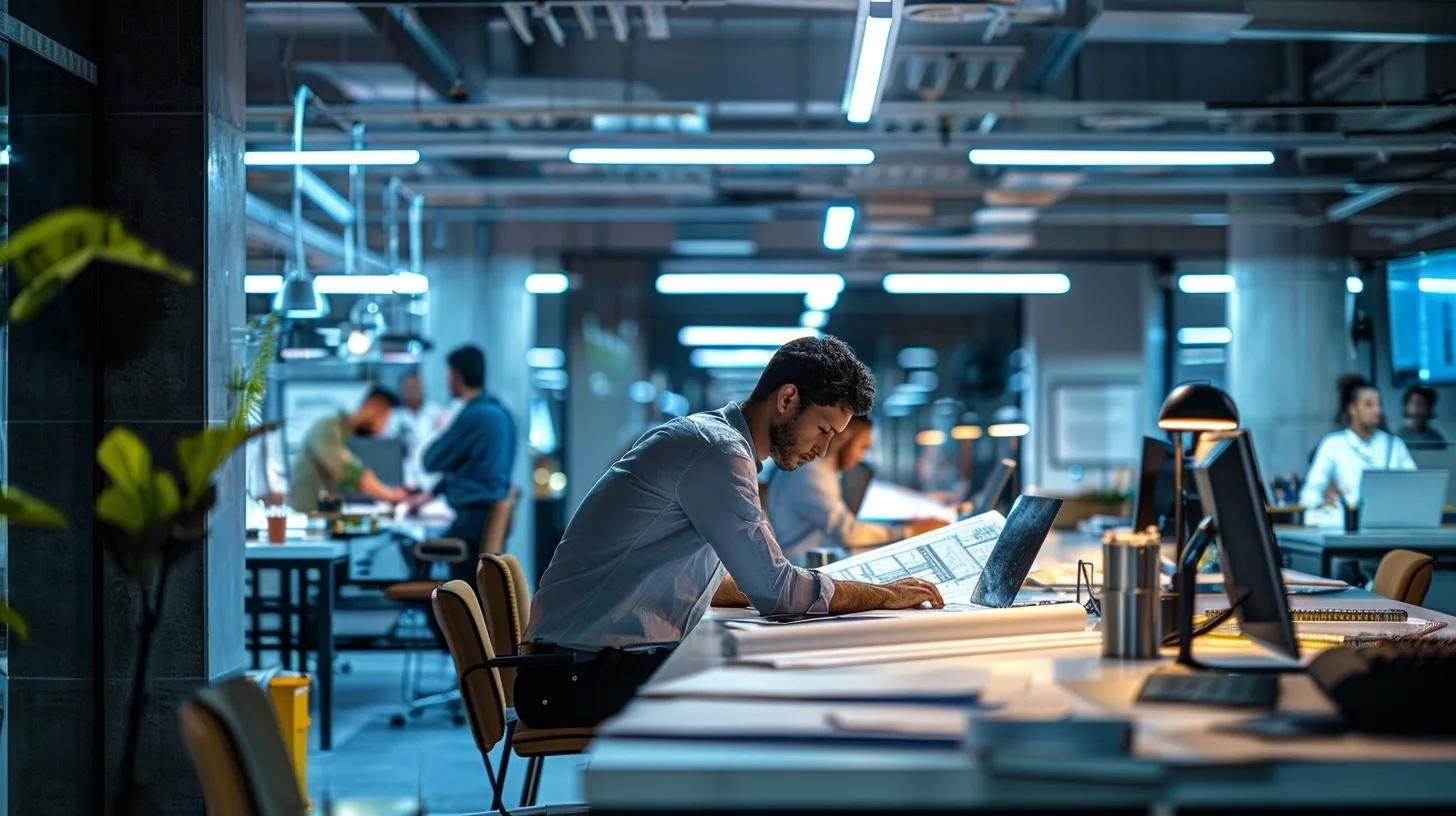 a modern office filled with engineers and construction professionals intently analyzing blueprints and testing materials under bright fluorescent lighting, emphasizing the rigorous standards of hurricane roofing code adherence.