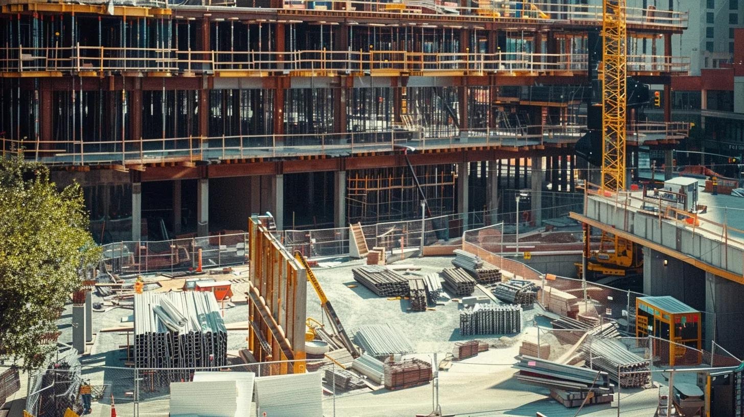 a striking urban construction site showcases a robust building frame under inspection, surrounded by blueprints and safety equipment, highlighting the stringent building code mandates designed to withstand hurricane threats.