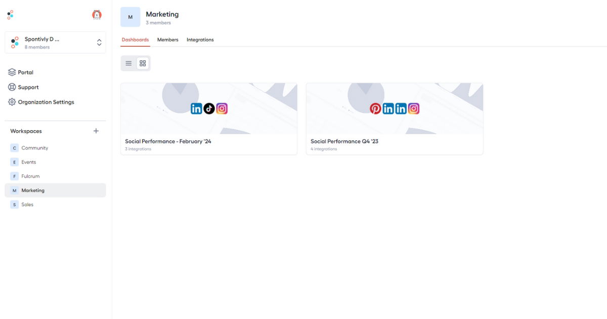 Spontivly Workspace view with Marketing dashboards connected to TikTok, LinkedIn, Instagram, and Pinterest.
