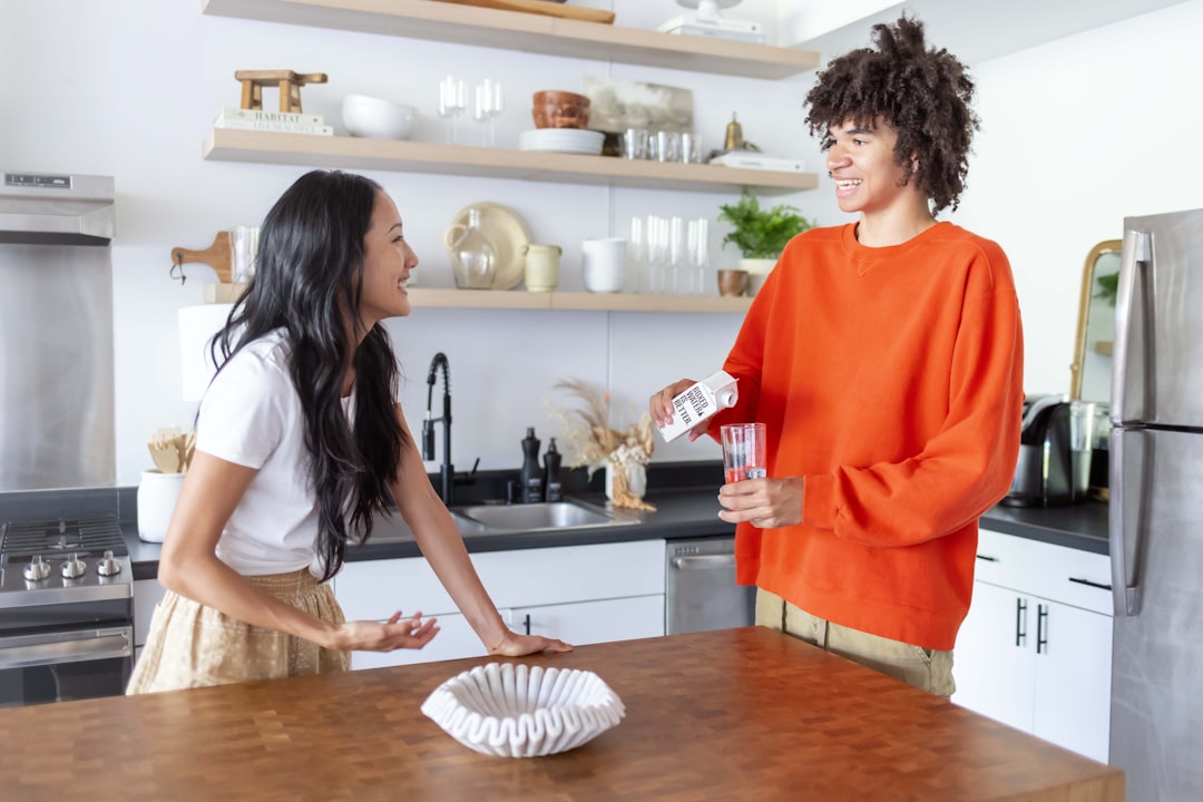 a woman and man conversing