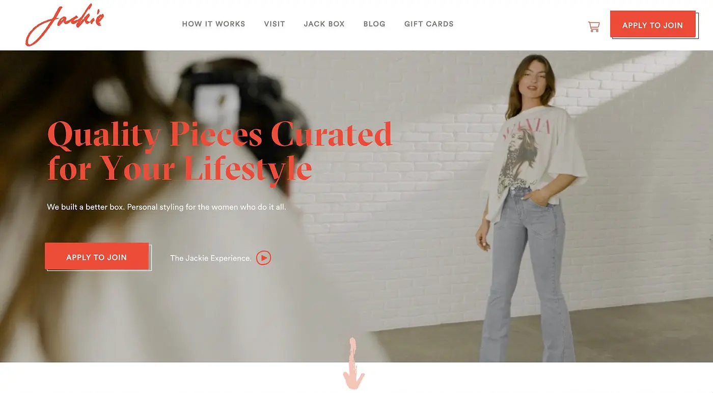 Screenshot of the homepage for a clothing subscription box company, Jackie.