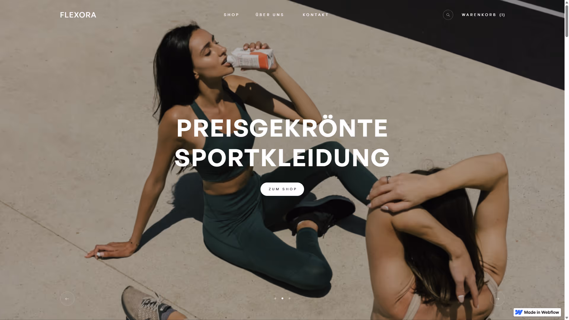 Flexora Sportkleidung-Website mit Fitness-Modell, gestaltet von Mario Winkler