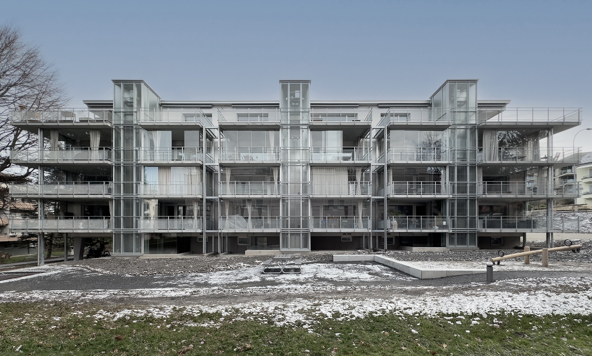 View of the new building layer with winter gardens and lifts