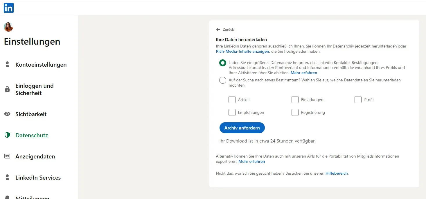 LinkedIn-Einstellungen: Großes Datenarchiv auswählen und Archiv anfordern