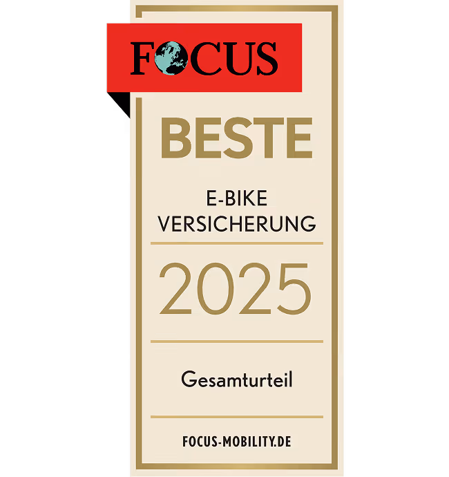 Fokus Siegel für die Beste E-Bike Versicherung 2025.