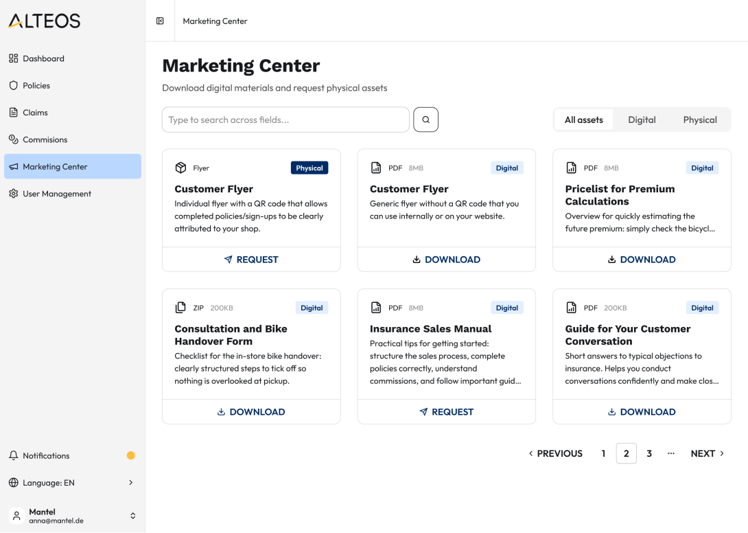 Screenshot aus dem Partnerportal mit einer Übersicht vom Marketingcenter