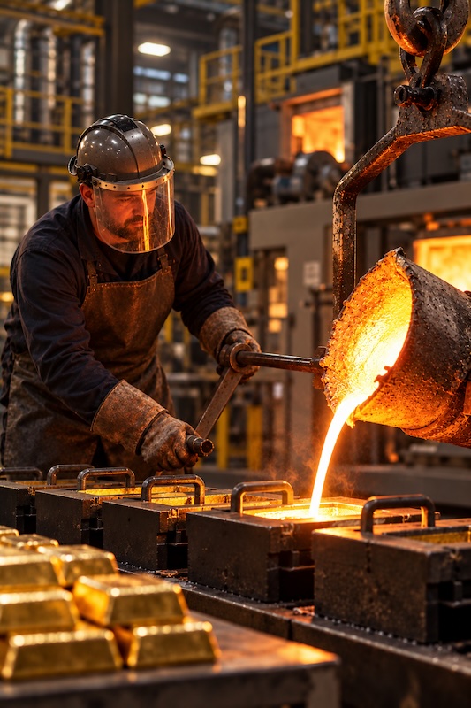 Molten gold being poured during refining