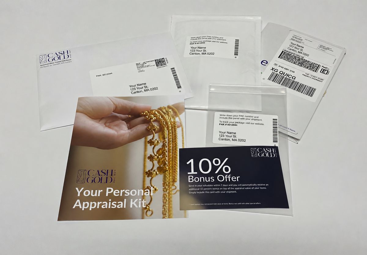 Cash for Gold USA Personal Appraisal Kit with mailer, prepaid return label, bag and 10% bonus card