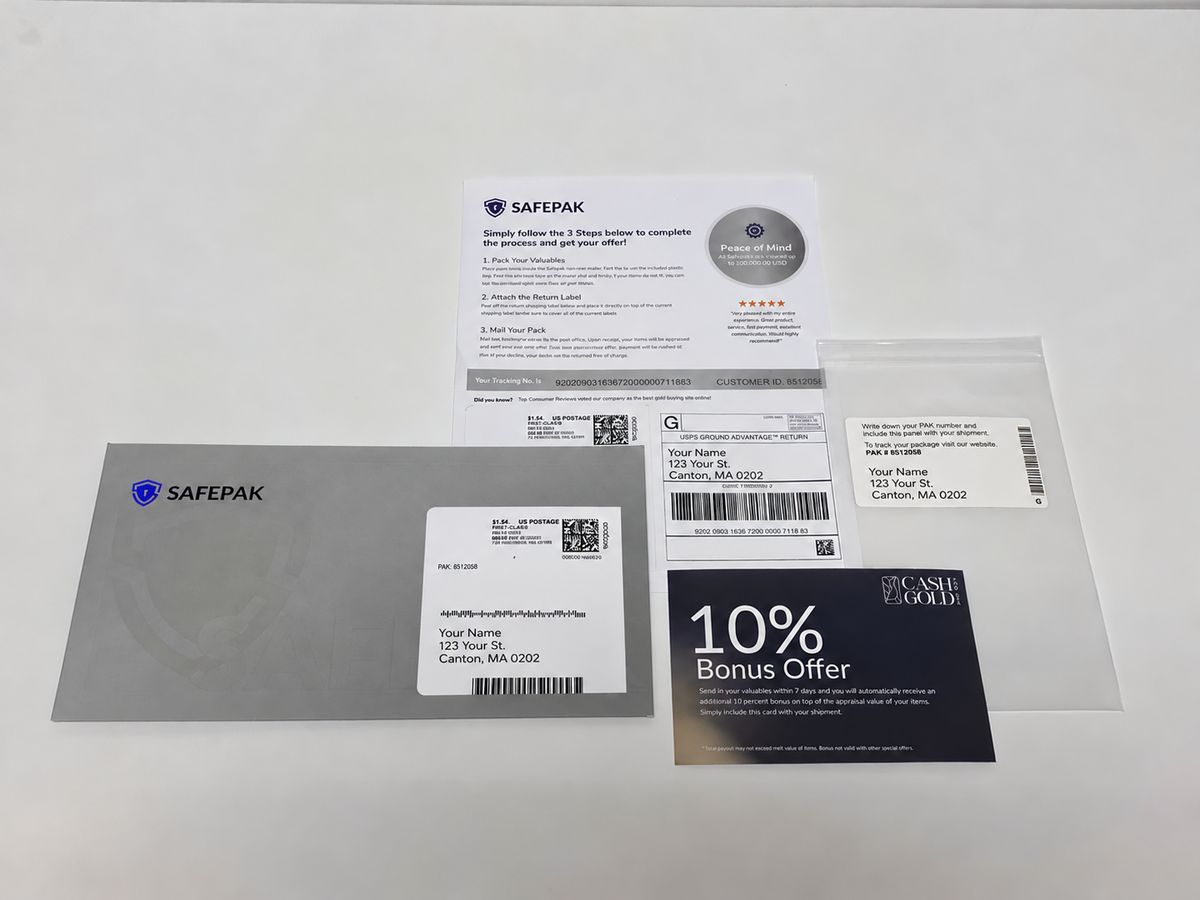 Safepak mailer with instructions, prepaid return label, bag and 10% bonus card