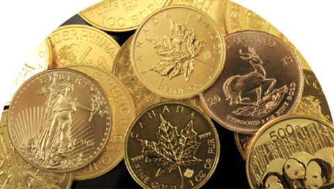 Gold coins including American Eagles and Maple Leafs