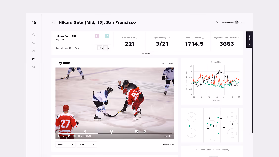 Sports analytics dashboard showing hockey game stats, video replay, and acceleration charts for player Hikaru Sulu.
