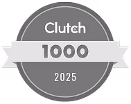 Circular badge with Clutch 1000 and year 2025 on a black background with a white ribbon.