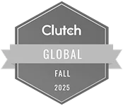 Clutch Global Fall 2025 badge with ribbon and hexagon background in grayscale.