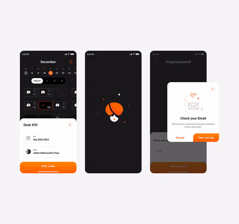 Three smartphone screens showing desk booking, app logo, and email check for password recovery.