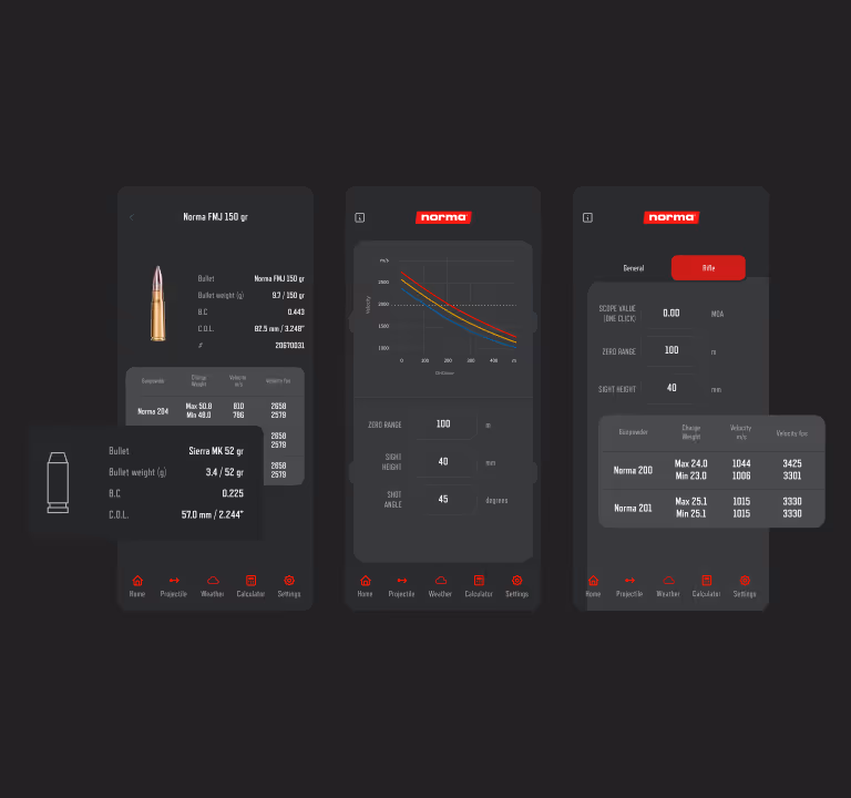 Three phone screens showing Norma bullet data, trajectory graph, and rifle scope settings.