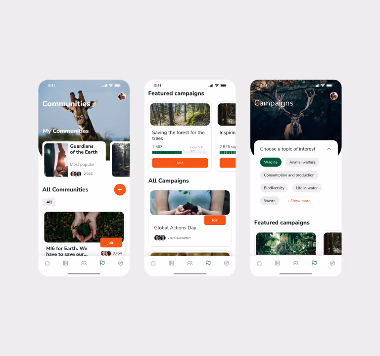Three mobile screens showing nature-themed app with communities, campaigns, and interest topics.