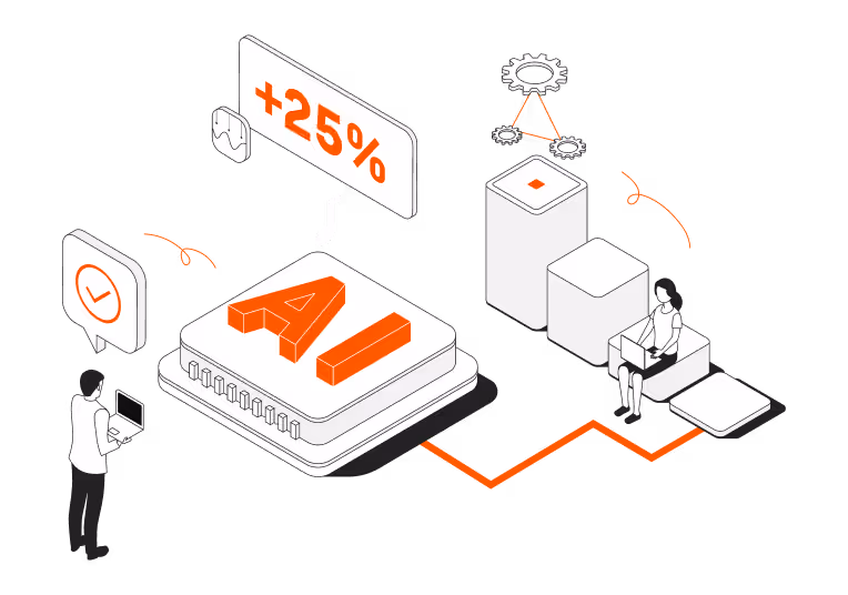 Illustration of AI chip with +25% efficiency, two people using laptops and gears symbolizing technology.