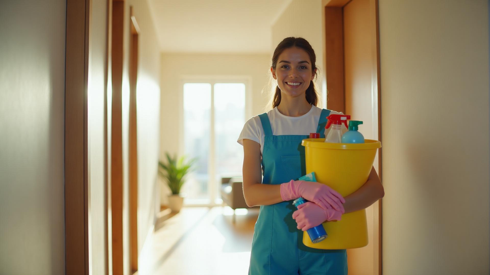 Professional cleaner in apartment hallway with cleaning supplies