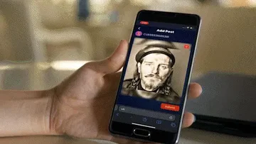 Various examples of PostUp content. Cell phones show people with AI filters applied to their faces - making them look like various other characters such as trolls, old-timey portraits, sports players and more. These photos are showcased on big screens and outputs across multiple venues.