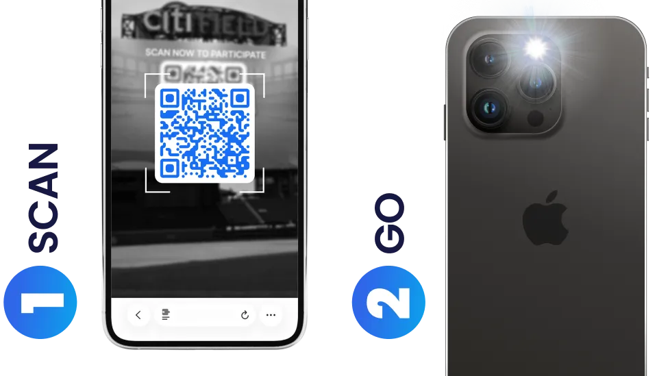 Two phones - one with a QR Code that says "Scan" and one with the phone flashlight on that says "Go"