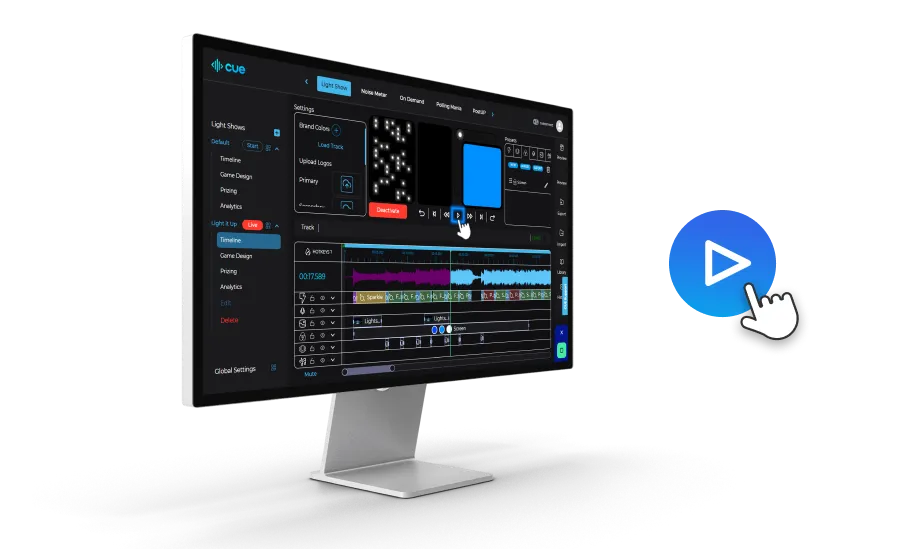 A desktop with the CUE Platform UI for Light Show with a play button being clicked.