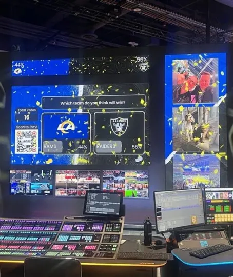 A control room setup with three video boards each displaying a different layout of PostUp and Polling