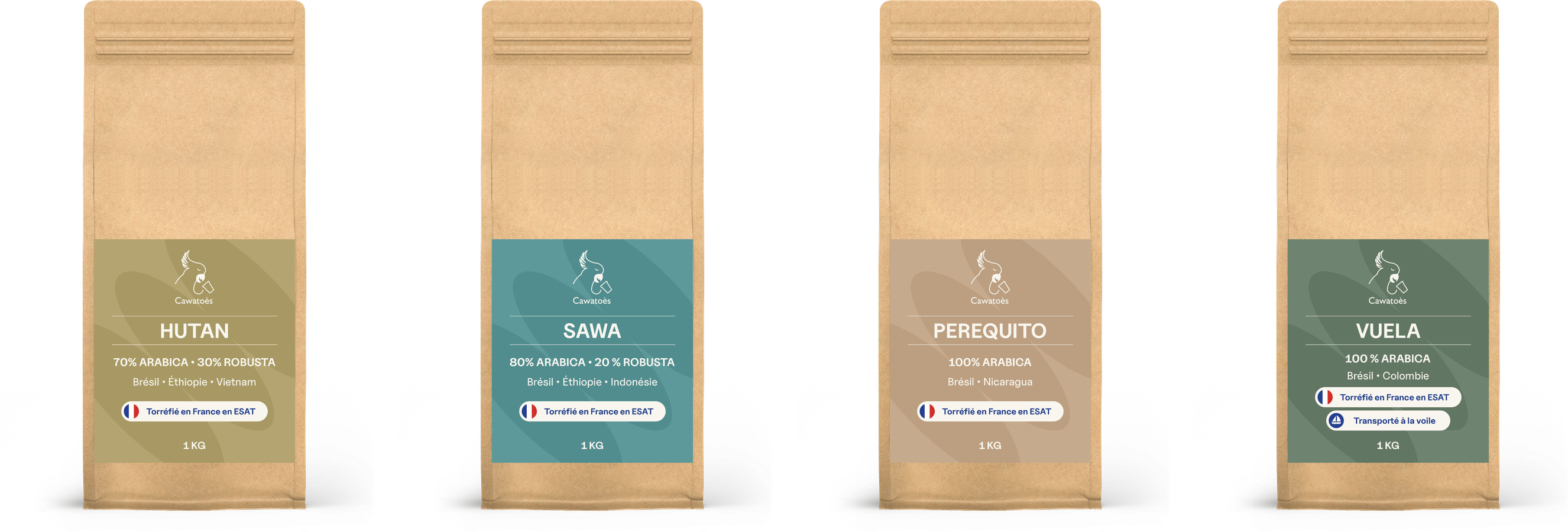Les cafés Cawatoès : Hutan, Sawa, Perequito et Vuela
