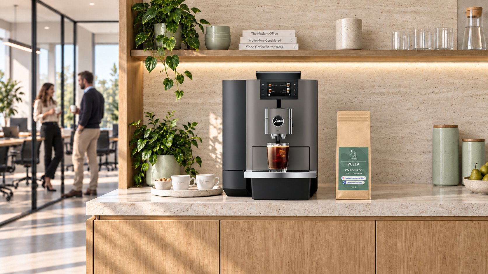 Machine à café Jura et café Cawatoès dans une tisanerie de bureau