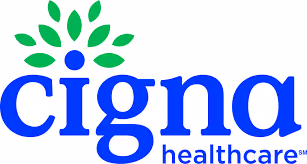 Cigna healthcare logo with blue text and a stylized green leaf design above.