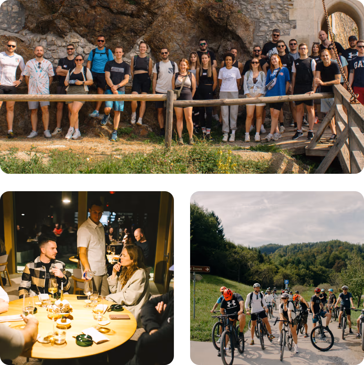 Optibase team during a company retreat, with group photos from hiking, cycling, and team dinner experiences that reflect the people behind the product.