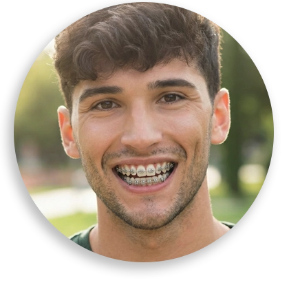 Smiling young man with curly brown hair and braces on his teeth outdoors in soft sunlight.