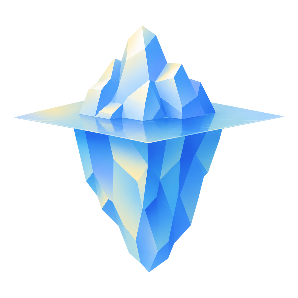 An iceberg, with a small visible tip above the waterline and a much larger mass submerged below