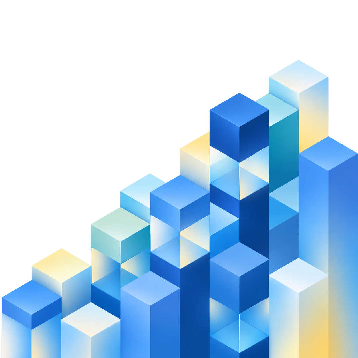 Gradient blue and light yellow translucent 3D cubes stacked in a rising pattern on a white background.