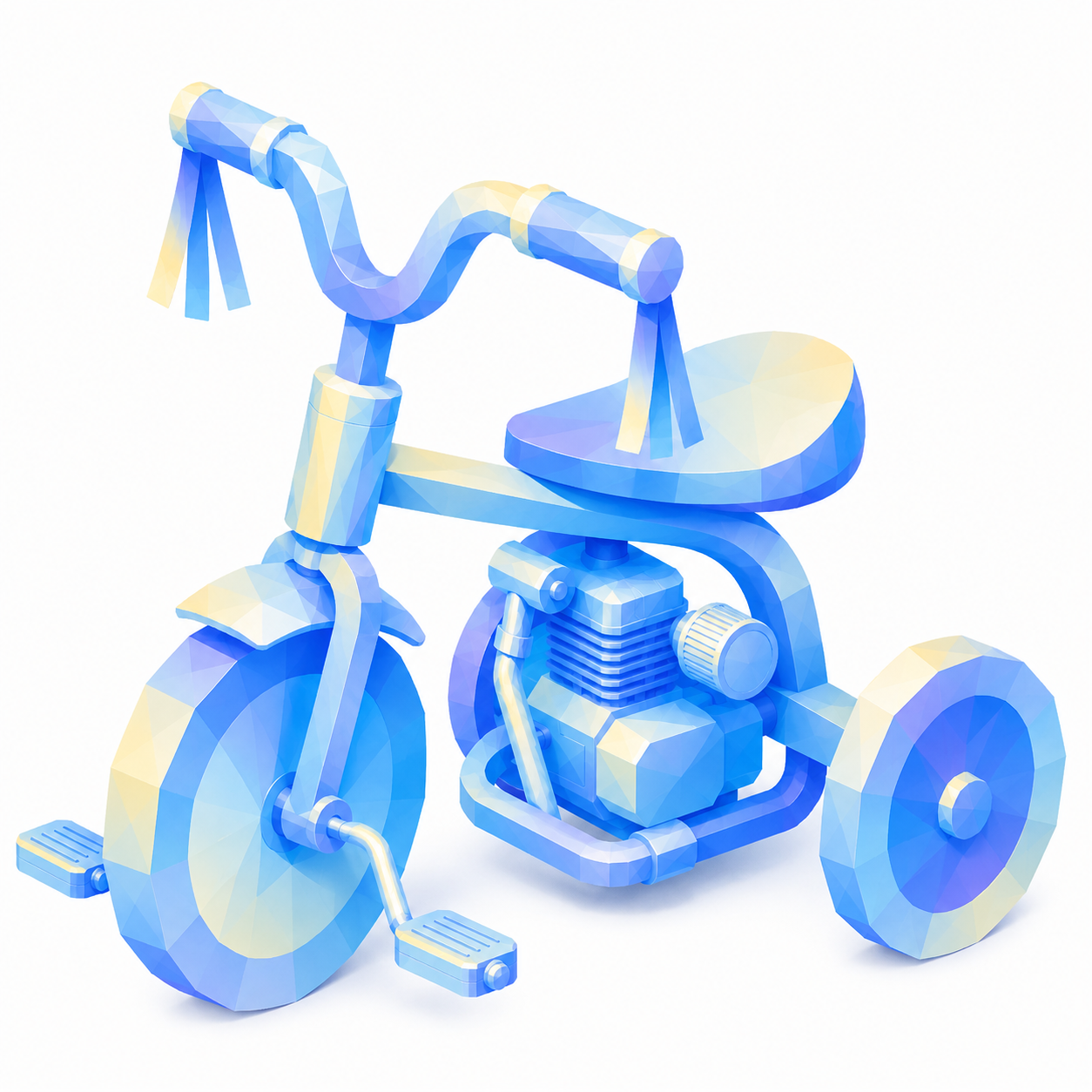 A child's tricycle fitted with a full motorcycle engine