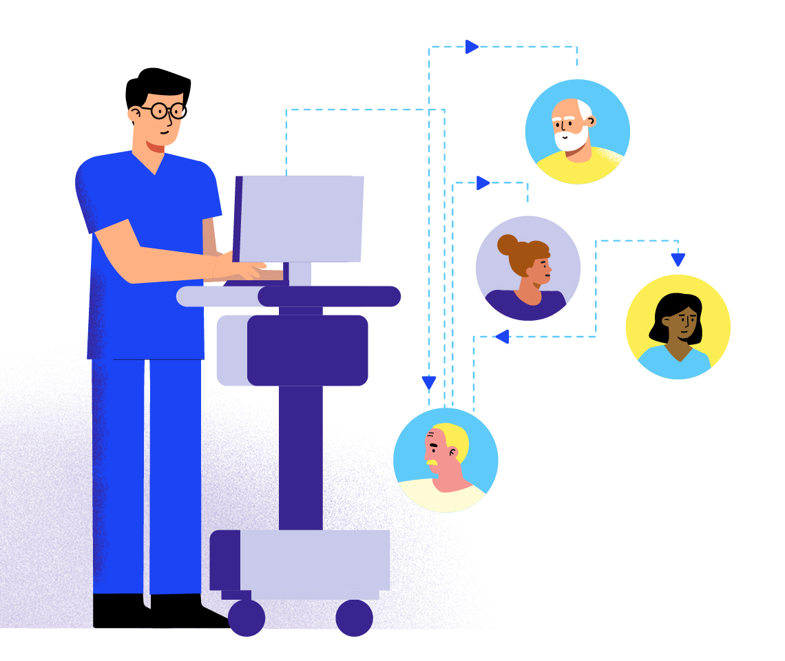 male nurse on computer showing connections to other providers and patients