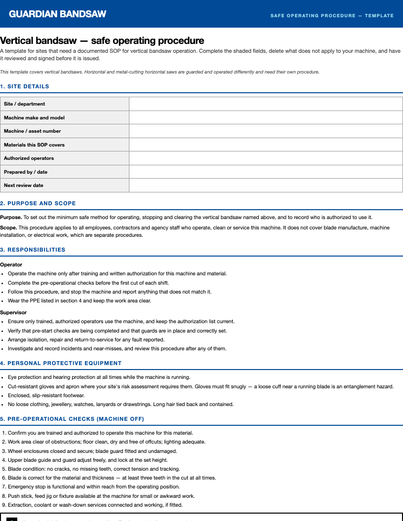 First page of the Guardian vertical bandsaw safe operating procedure template