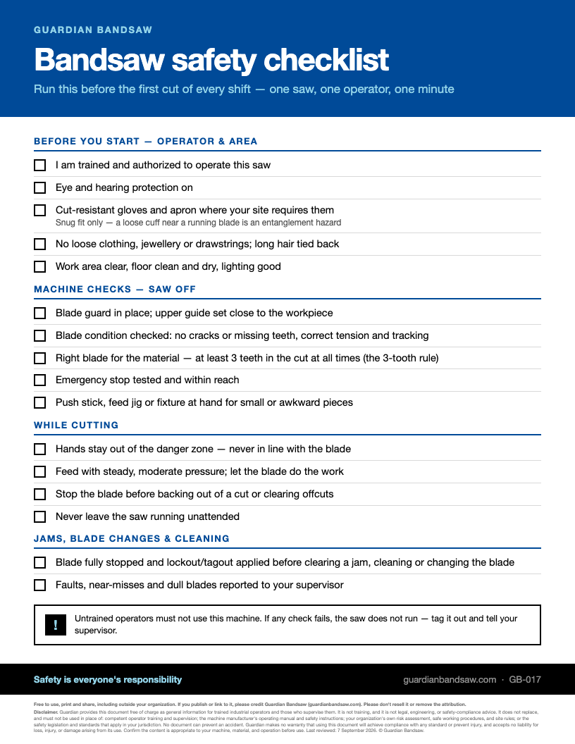 Preview of the printable Guardian bandsaw safety checklist