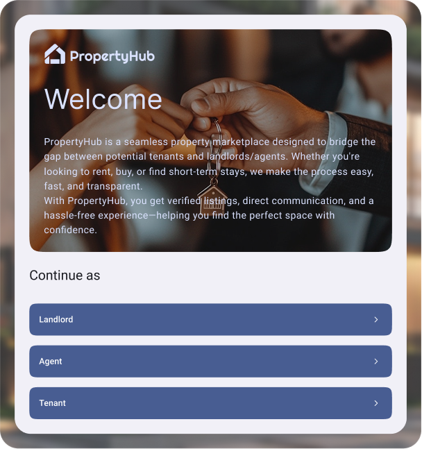 PropertyHub landing page with role selection buttons