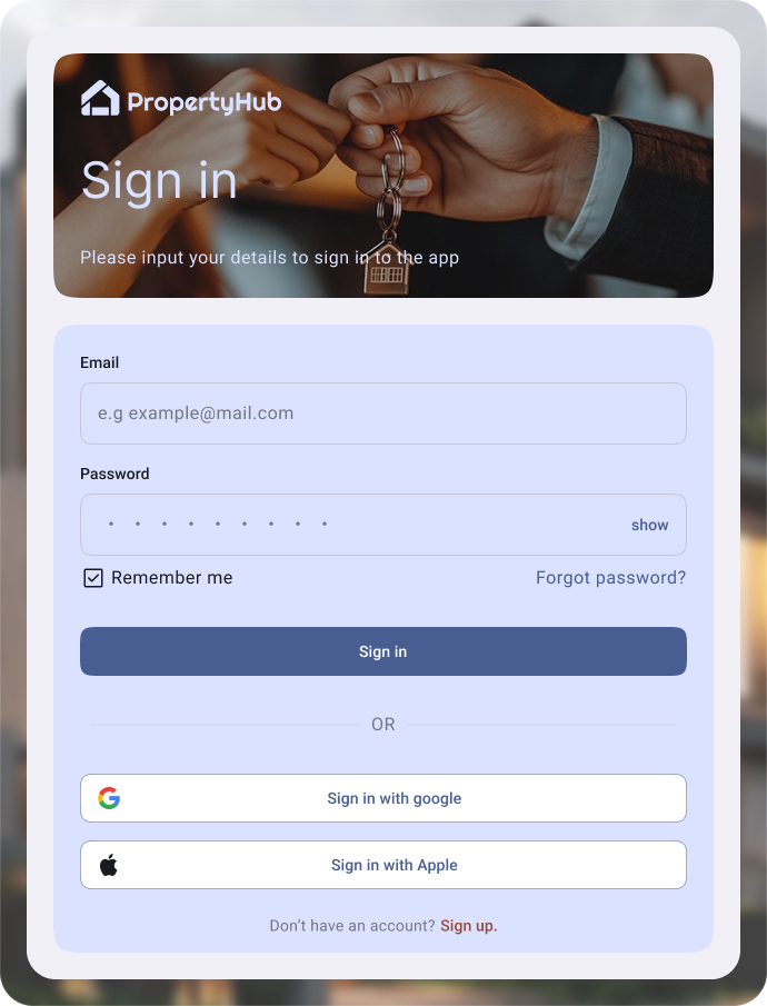 PropertyHub role-based login screen