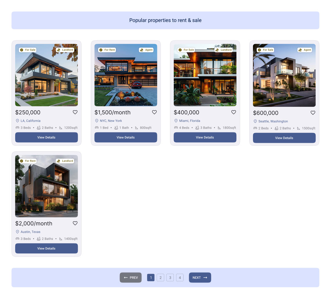 Tenant search results with filters and property cards