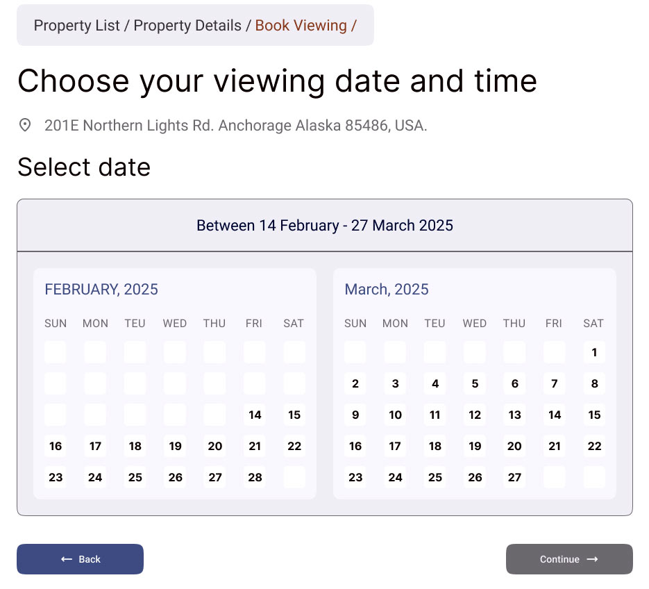 Viewing scheduler showing available dates and times