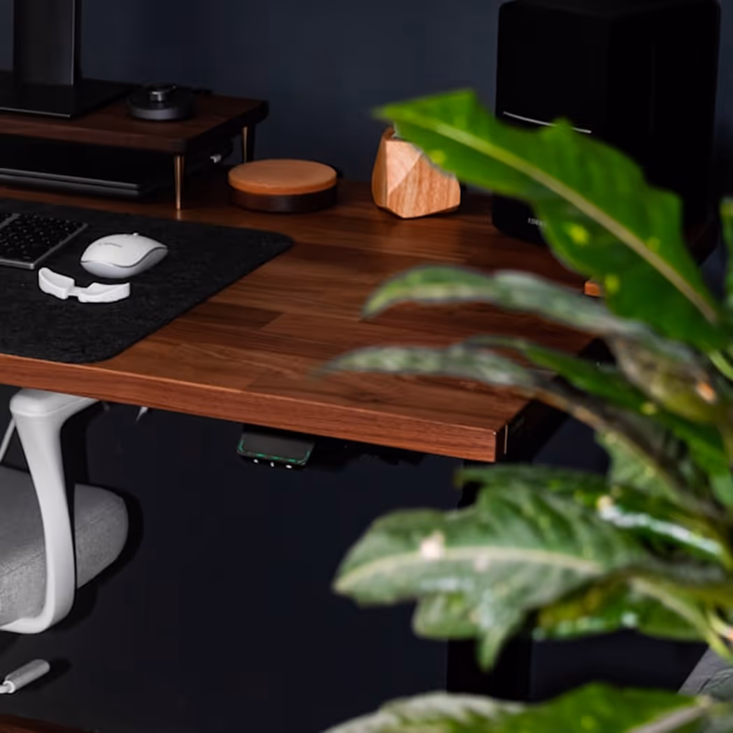 Zdjęcie biurka z drewnianym blatem, białym ergonomicznym fotelem, białą myszką komputerową na czarnej podkładce, drewnianymi dekoracjami i zieloną rośliną w pierwszym planie