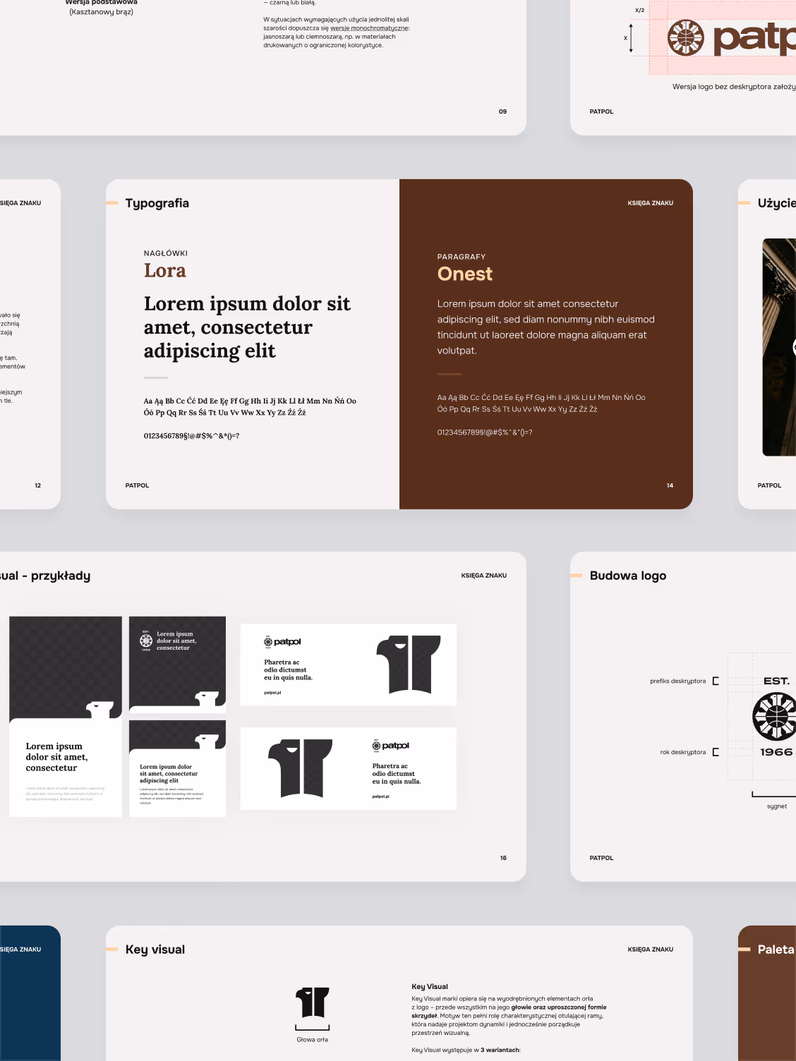 Strony księgi znaku marki Patpol z typografią, budową logo i key visualem.