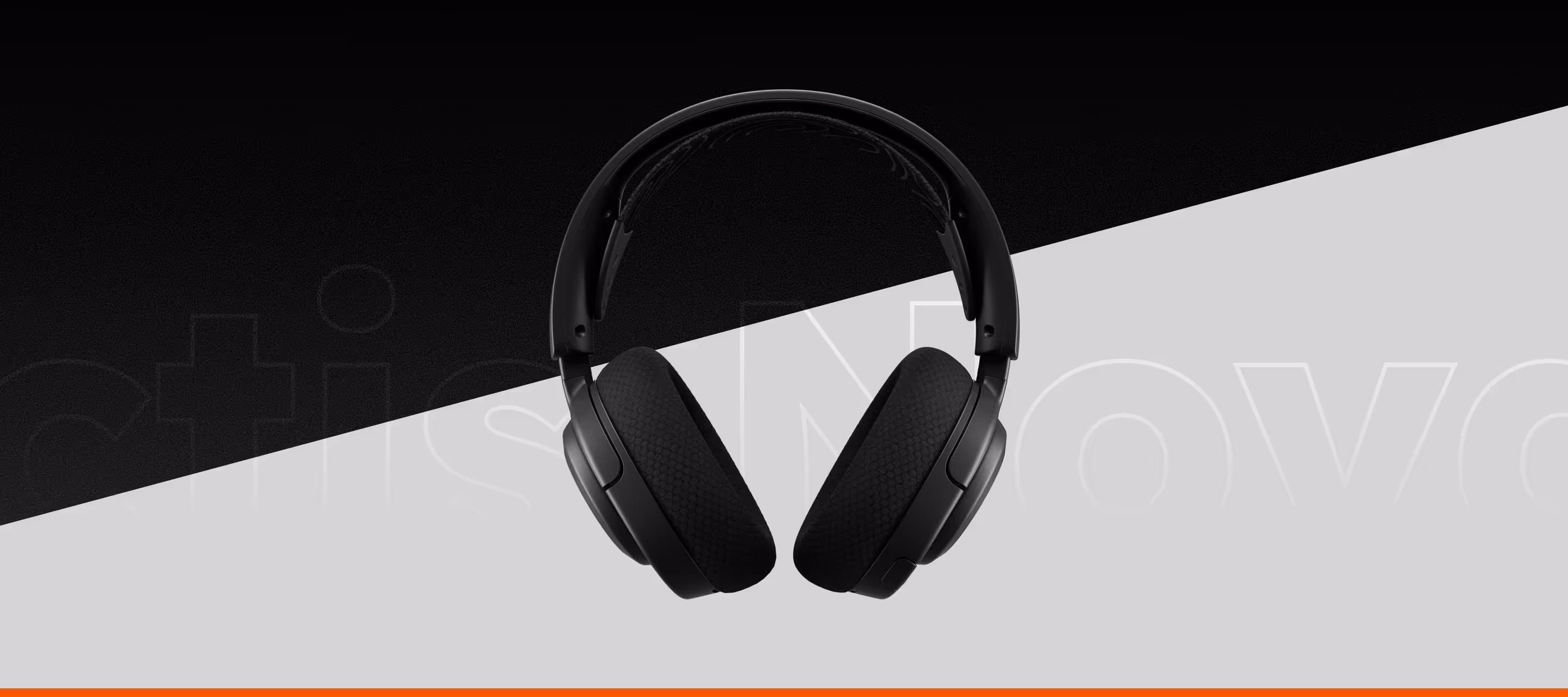 Czarne nauszne słuchawki Arctis Nova 5 Wireless na tle podzielonym na czarną i jasnoszarą część.