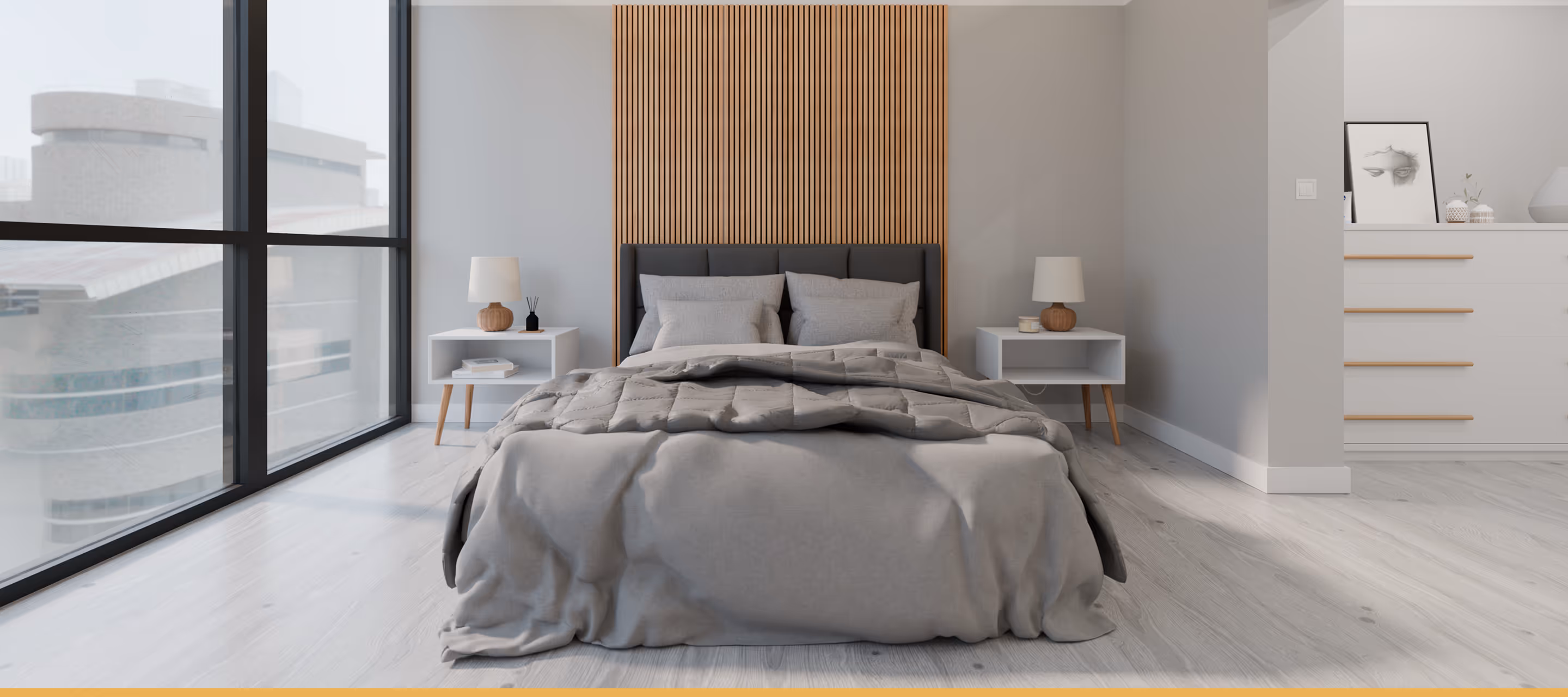 Minimalistyczna sypialnia z dużym łóżkiem, szarym pościelą, nocnymi stolikami i lampkami, oraz dużym oknem z widokiem na miasto.