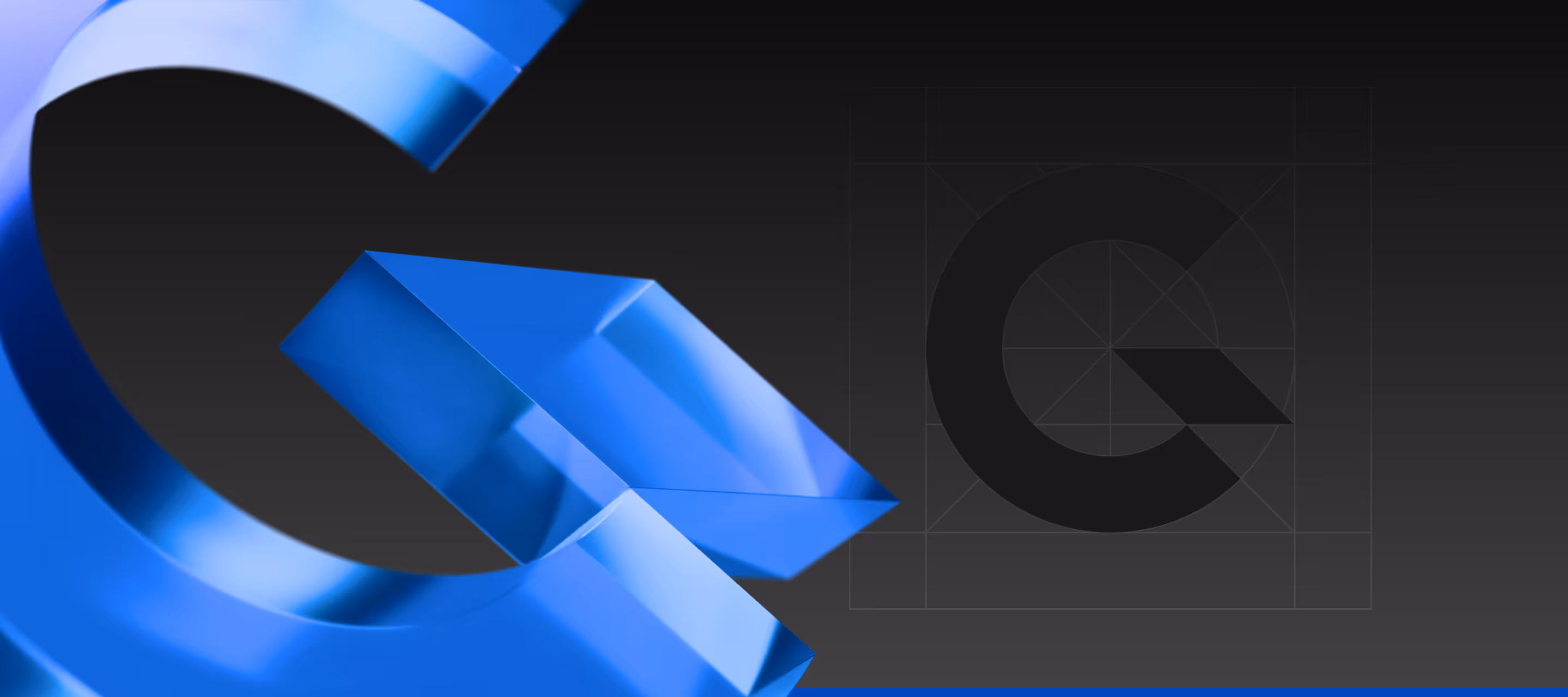 Niebieska, trójwymiarowa abstrakcyjna litera G logo Genius Flow na ciemnym tle z siatką projektową.