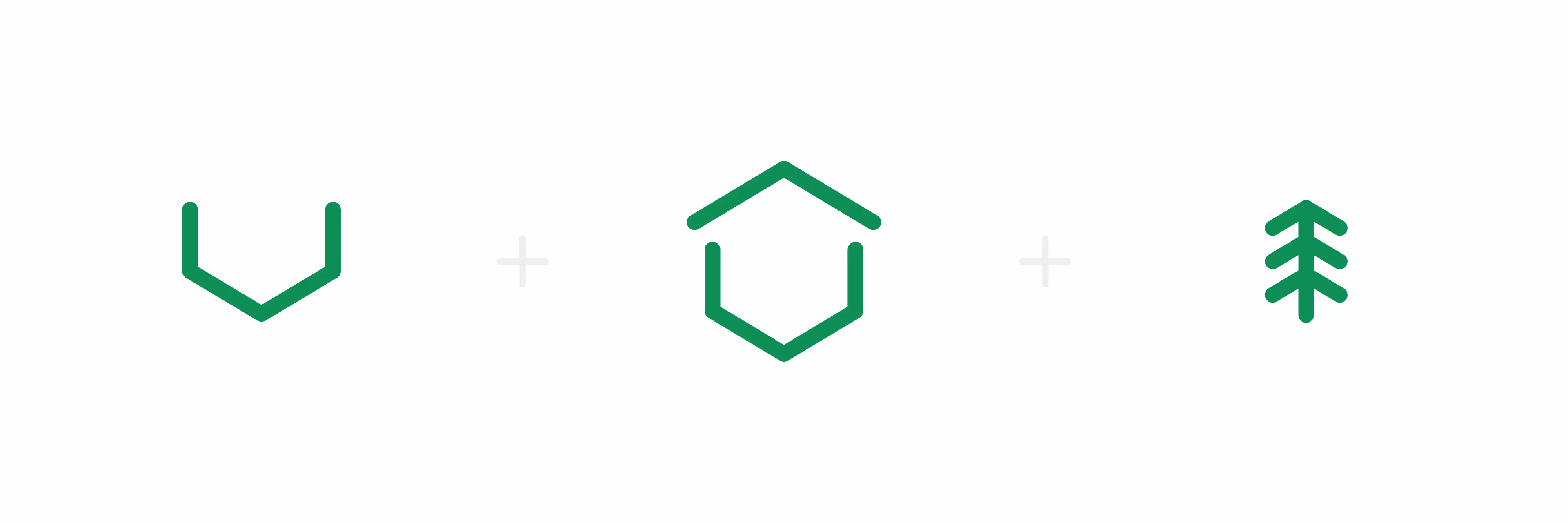 Trzy zielone ikony na białym tle przedstawiające kolejno: kształt litery V z zaokrąglonymi liniami, sześciokąt z daszkiem oraz stylizowane drzewo iglaste, rozdzielone szarymi znakami plus.